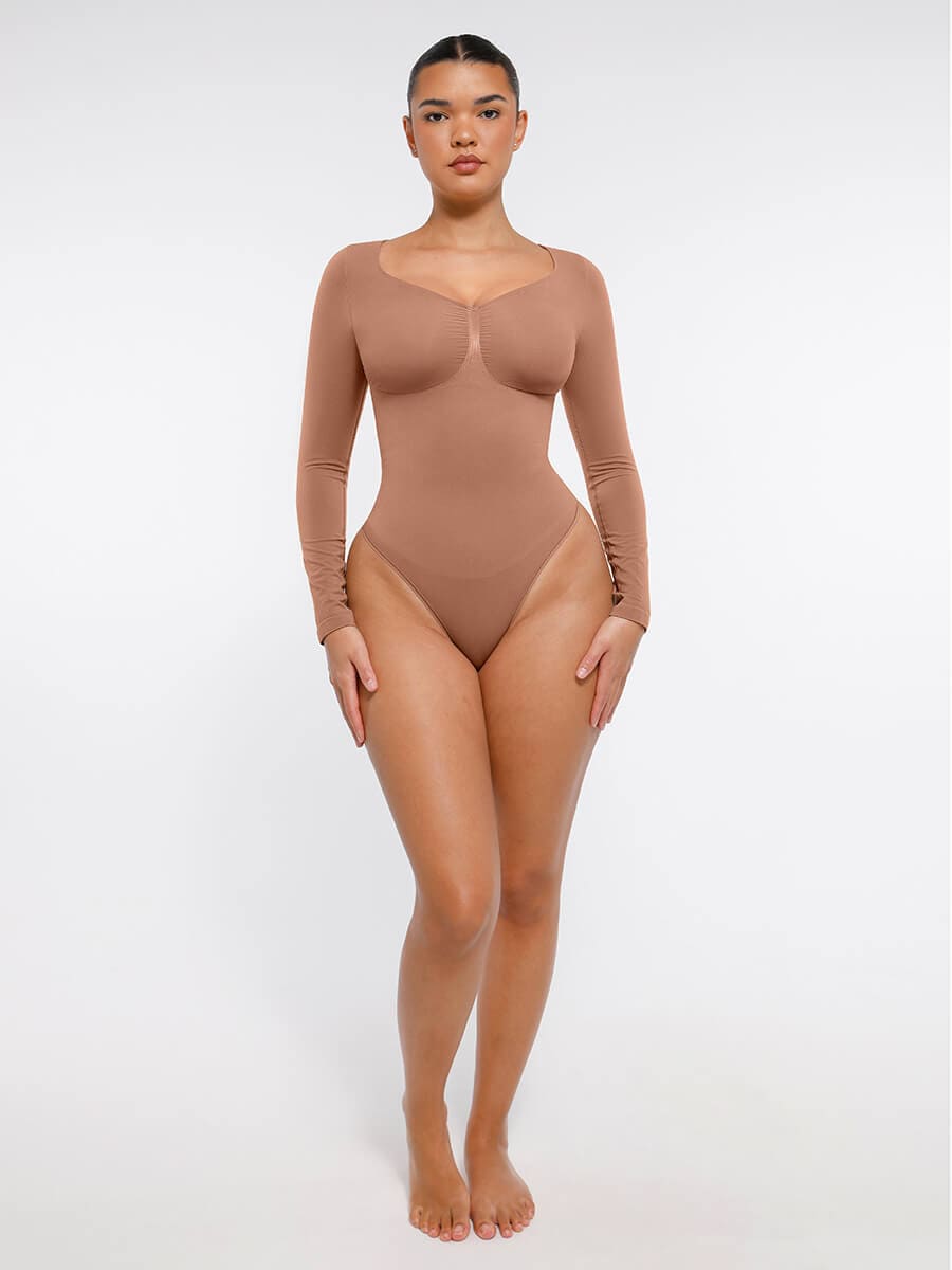 Seamless Long Sleeve Chest Support Tummy Control Thong Bodysuit