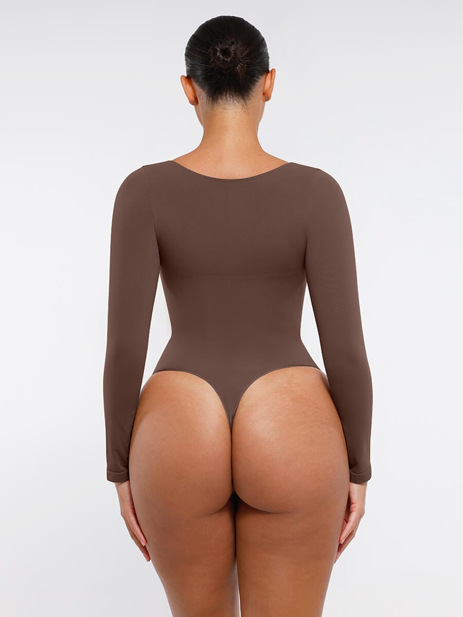 Seamless Long Sleeve Chest Support Tummy Control Thong Bodysuit