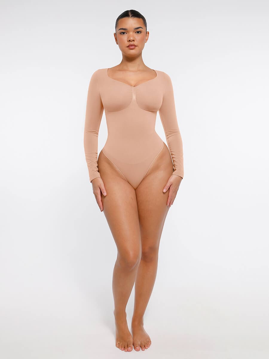 Seamless Long Sleeve Chest Support Tummy Control Thong Bodysuit
