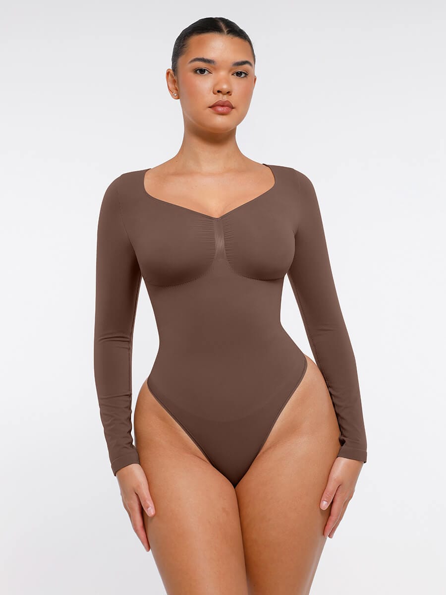 Seamless Long Sleeve Chest Support Tummy Control Thong Bodysuit