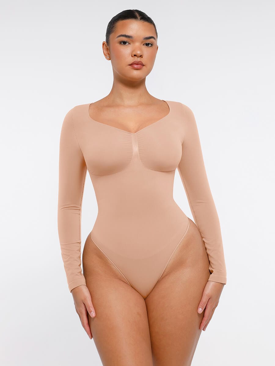 Seamless Long Sleeve Chest Support Tummy Control Thong Bodysuit
