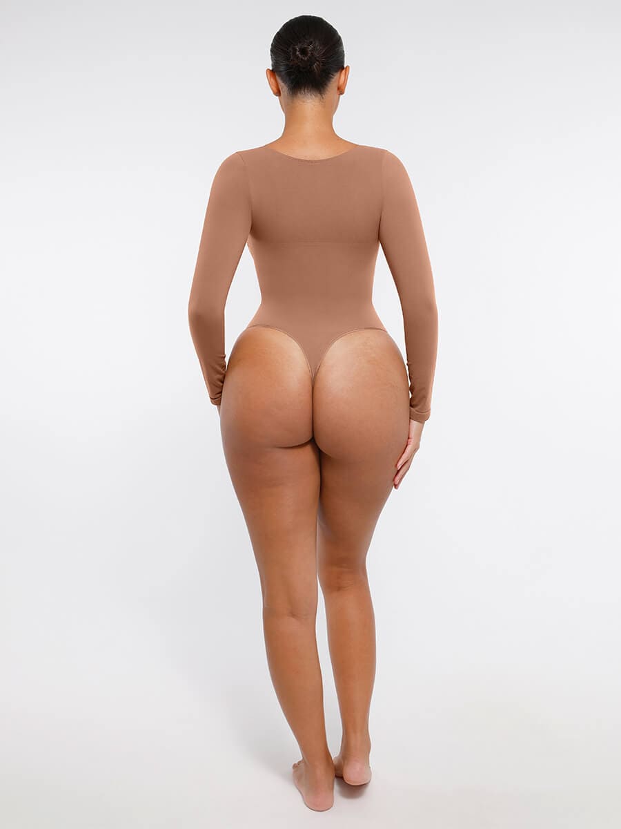 Seamless Long Sleeve Chest Support Tummy Control Thong Bodysuit