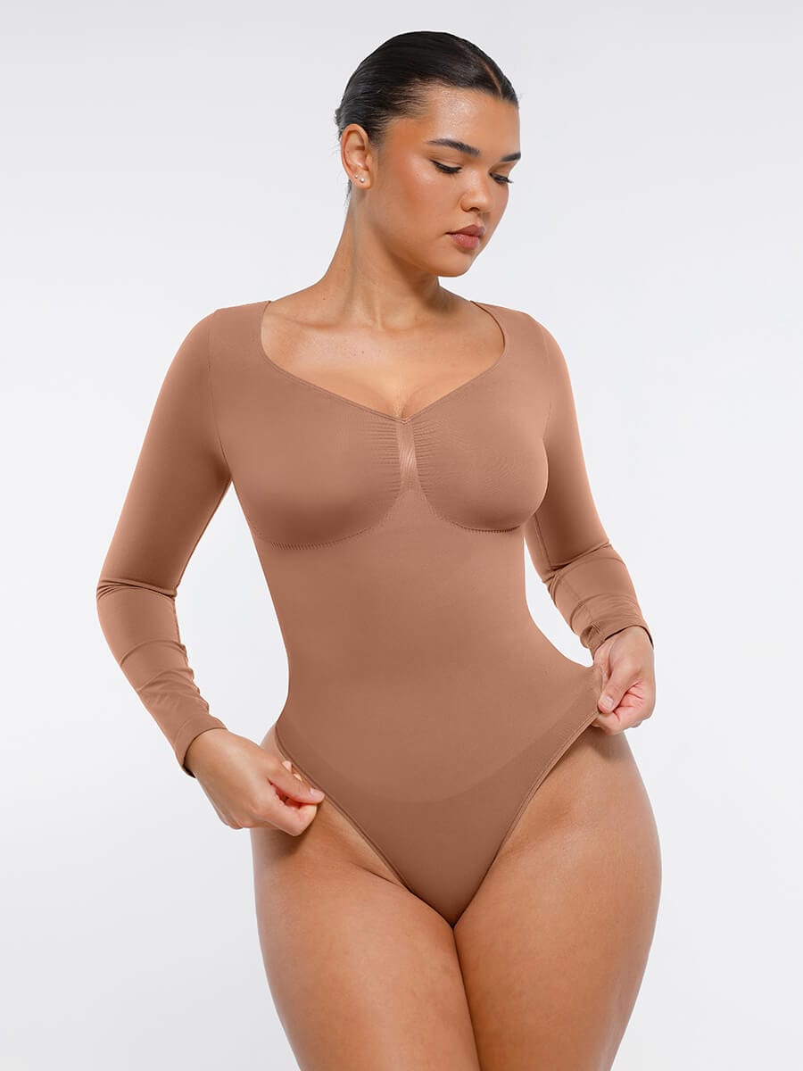 Seamless Long Sleeve Chest Support Tummy Control Thong Bodysuit