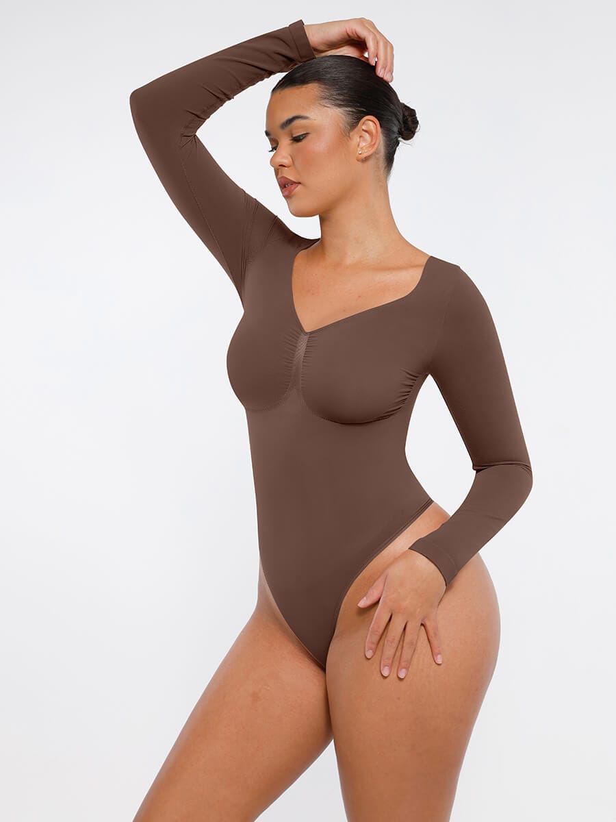 Seamless Long Sleeve Chest Support Tummy Control Thong Bodysuit