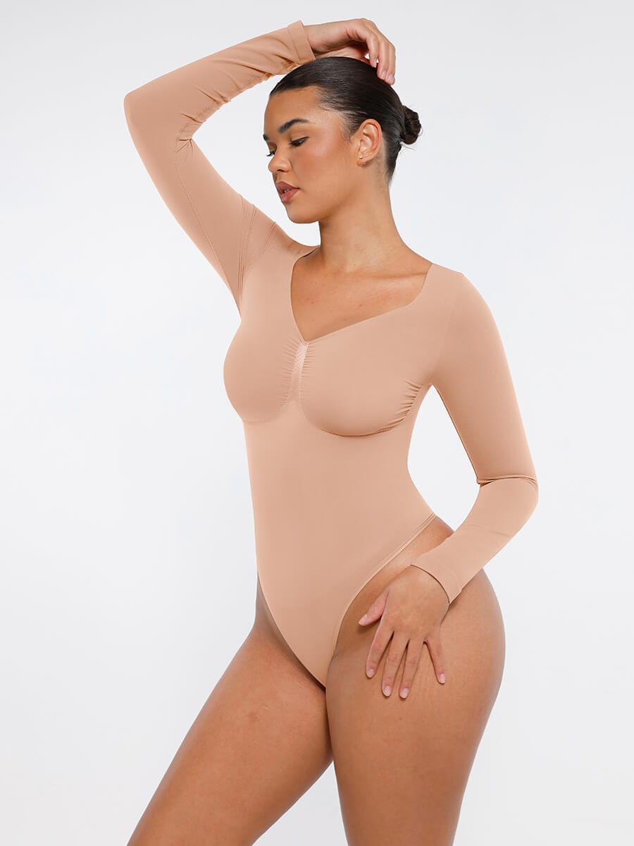 Seamless Long Sleeve Chest Support Tummy Control Thong Bodysuit