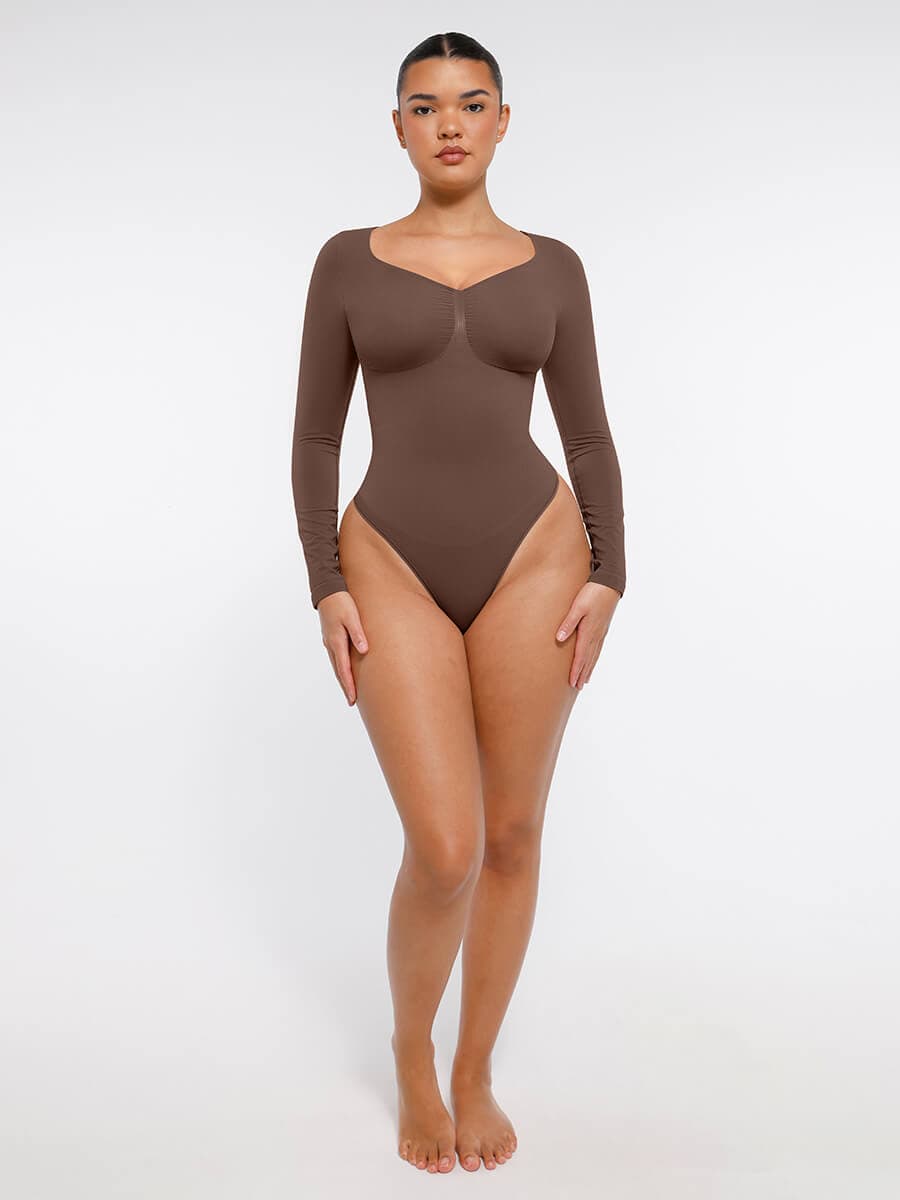 Seamless Long Sleeve Chest Support Tummy Control Thong Bodysuit
