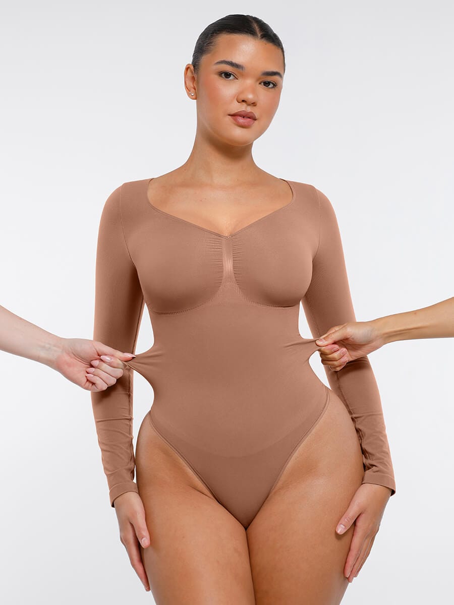 Seamless Long Sleeve Chest Support Tummy Control Thong Bodysuit