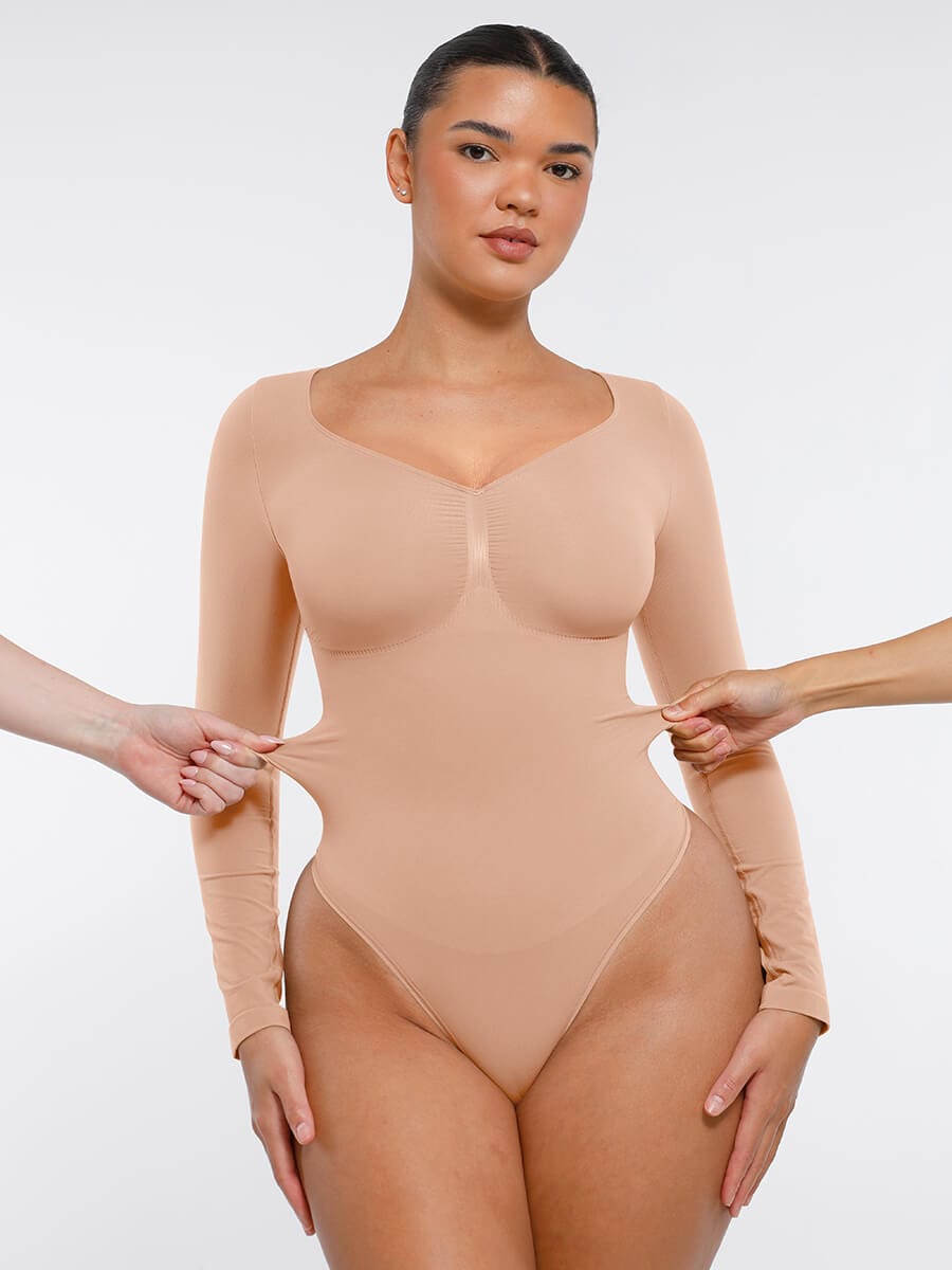 Seamless Long Sleeve Chest Support Tummy Control Thong Bodysuit