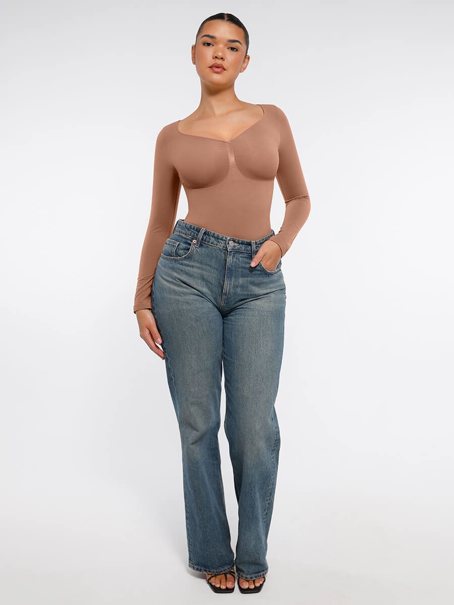 Seamless Long Sleeve Chest Support Tummy Control Thong Bodysuit