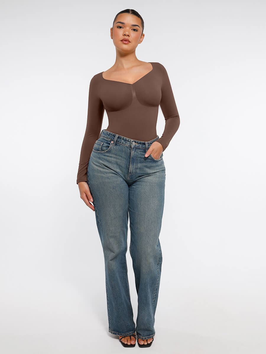 Seamless Long Sleeve Chest Support Tummy Control Thong Bodysuit