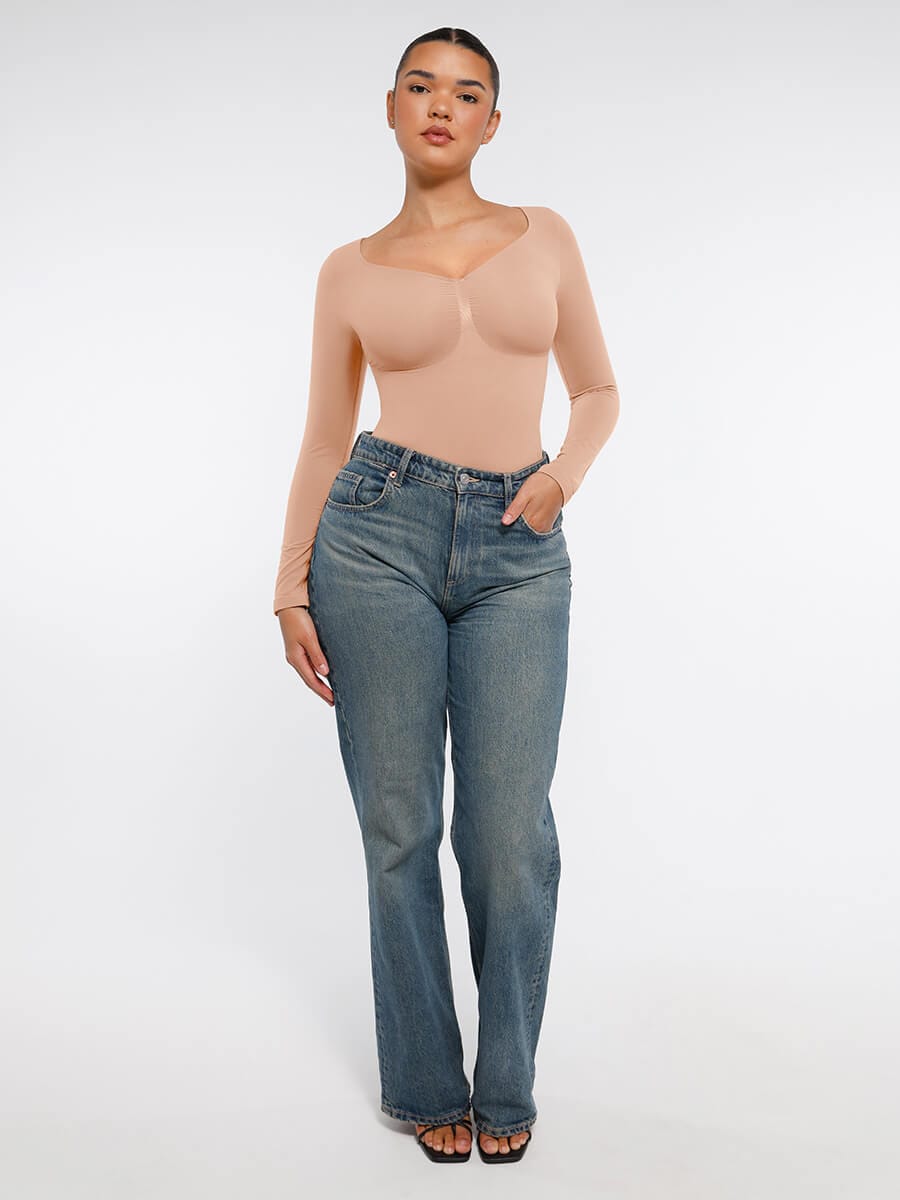 Seamless Long Sleeve Chest Support Tummy Control Thong Bodysuit