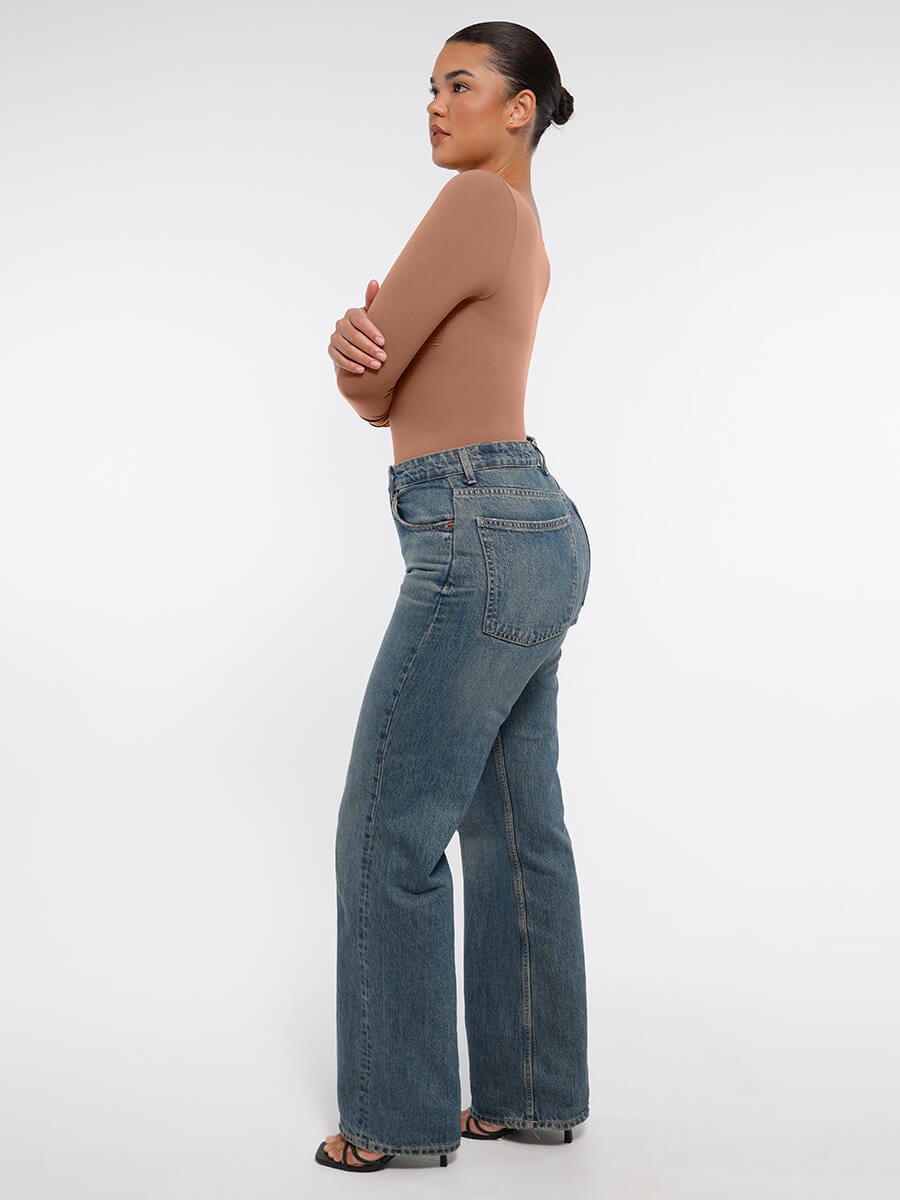 Seamless Long Sleeve Chest Support Tummy Control Thong Bodysuit