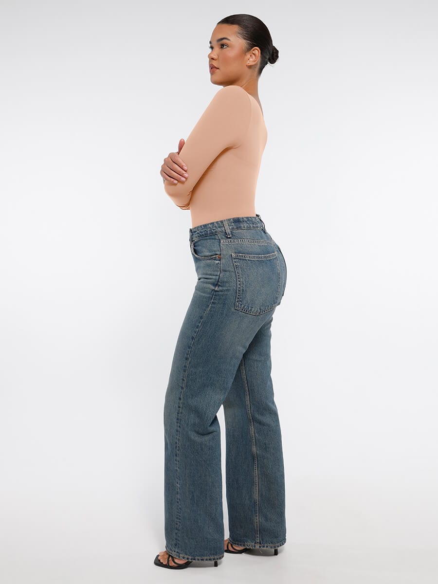 Seamless Long Sleeve Chest Support Tummy Control Thong Bodysuit