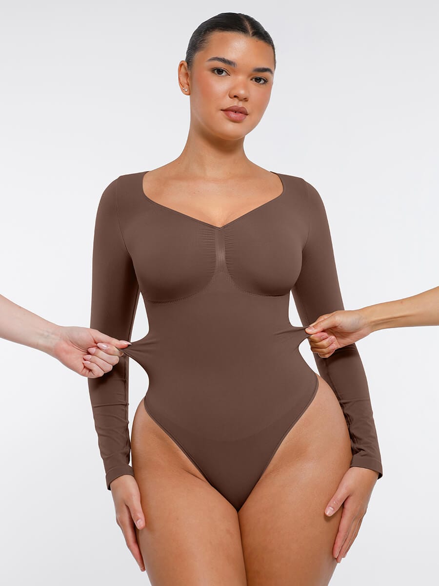 Seamless Long Sleeve Chest Support Tummy Control Thong Bodysuit