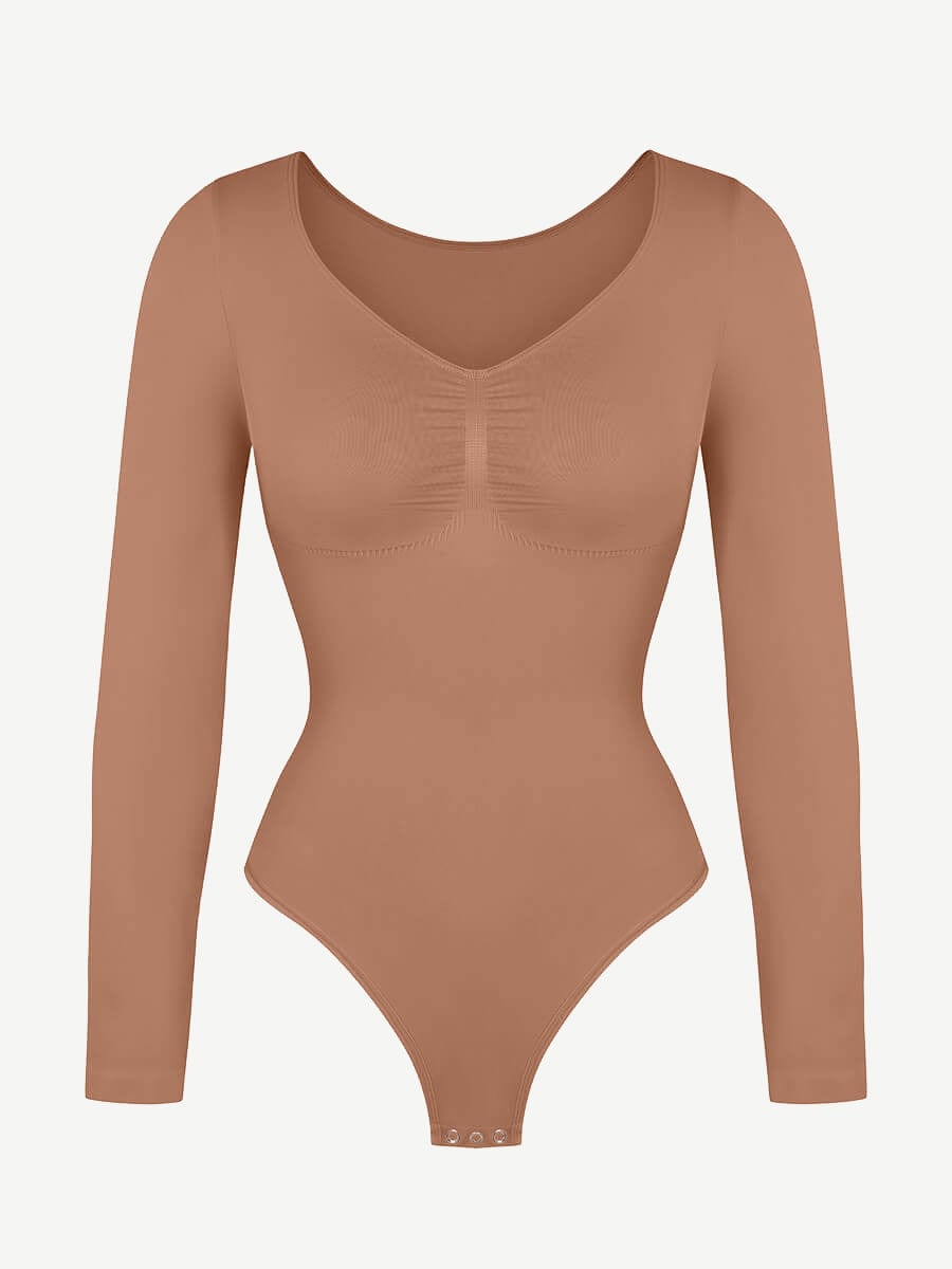 Seamless Long Sleeve Chest Support Tummy Control Thong Bodysuit