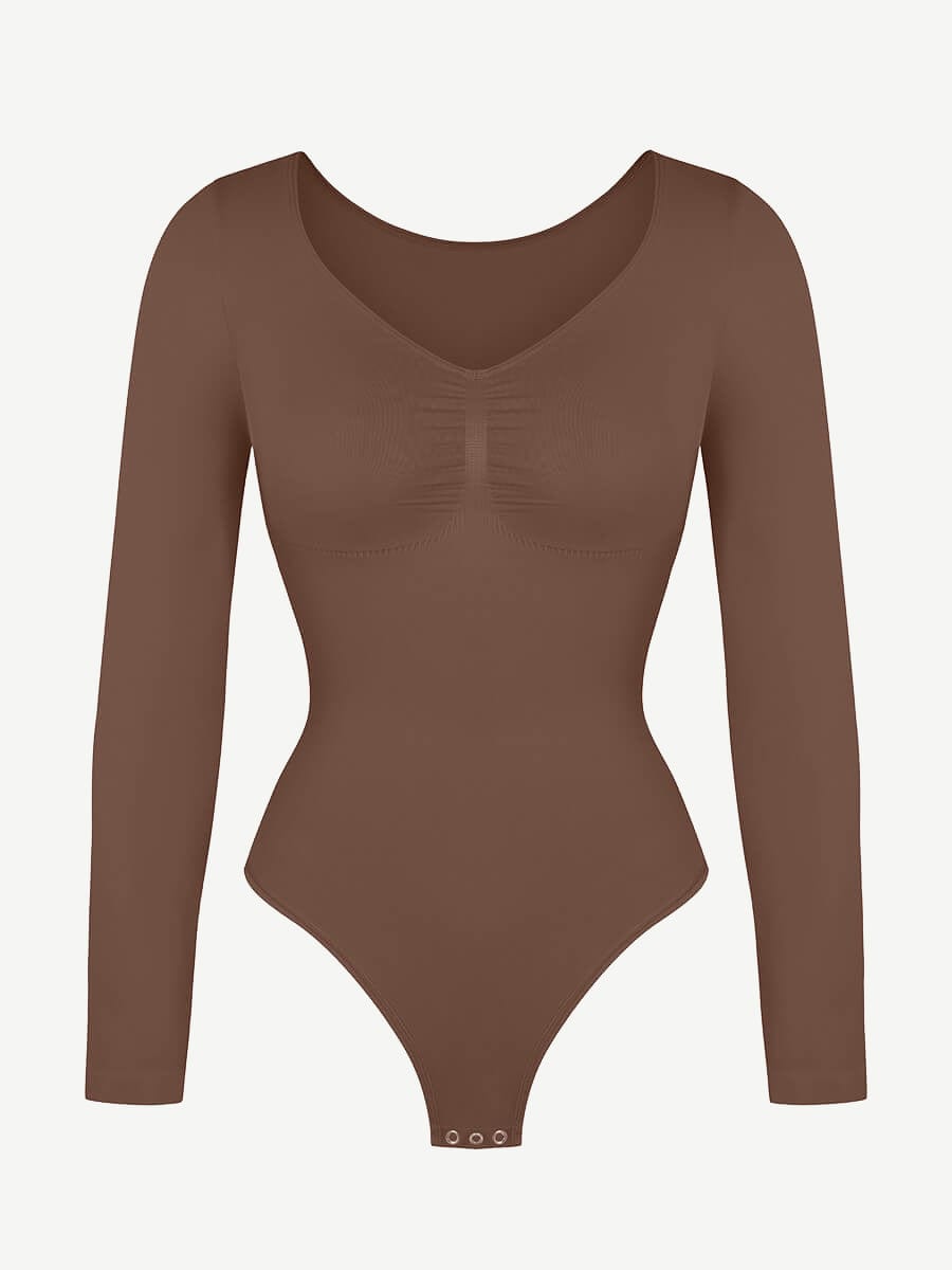Seamless Long Sleeve Chest Support Tummy Control Thong Bodysuit