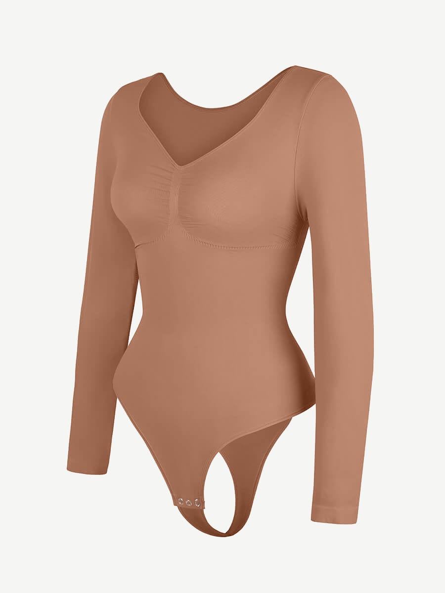 Seamless Long Sleeve Chest Support Tummy Control Thong Bodysuit