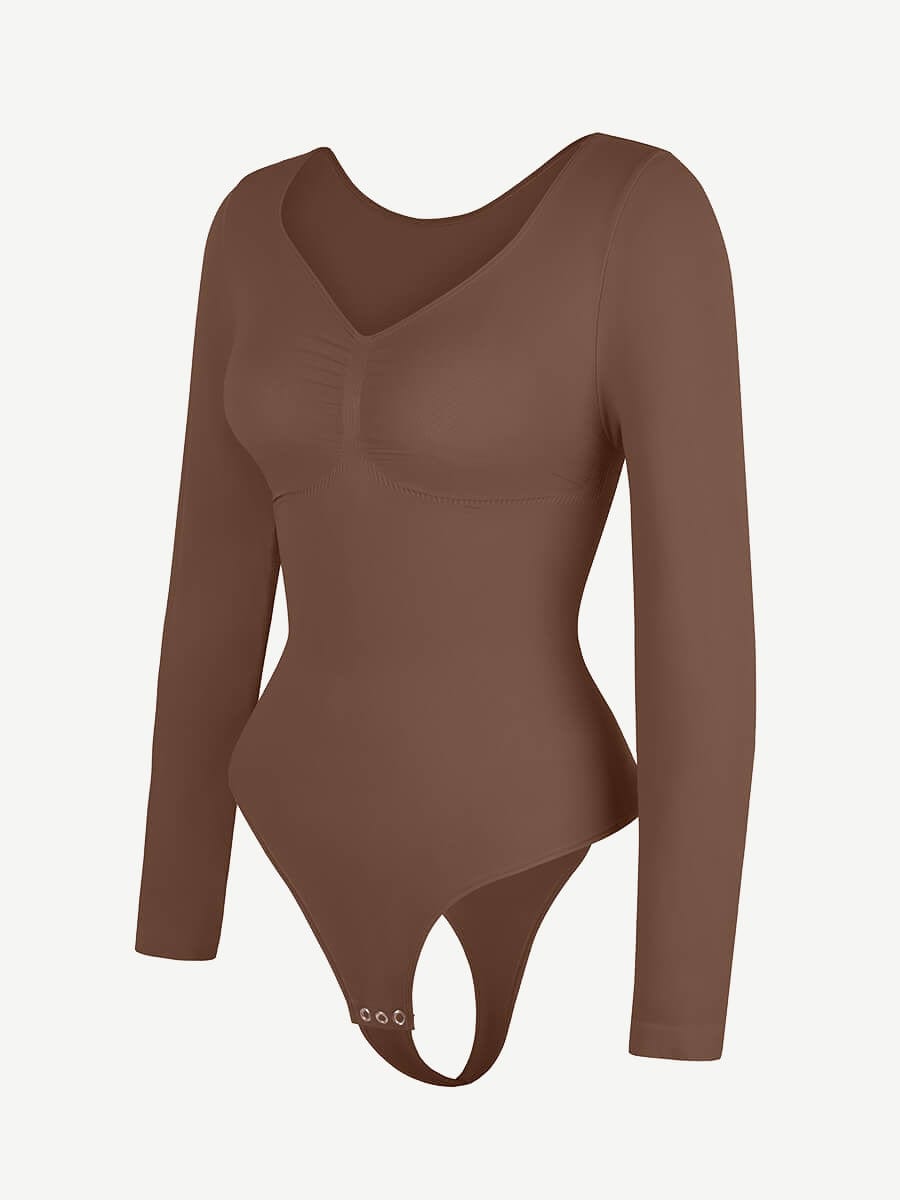Seamless Long Sleeve Chest Support Tummy Control Thong Bodysuit