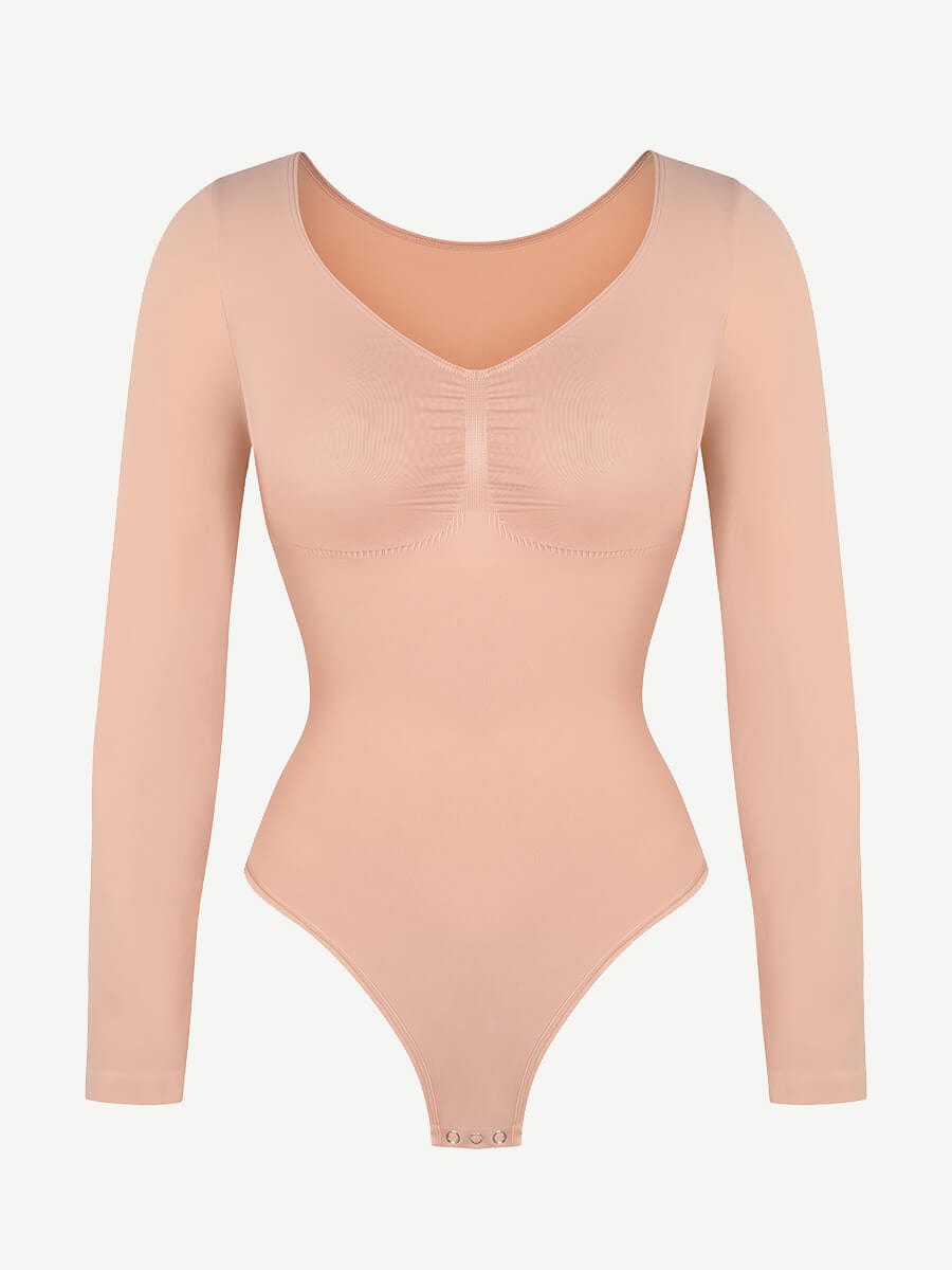 Seamless Long Sleeve Chest Support Tummy Control Thong Bodysuit