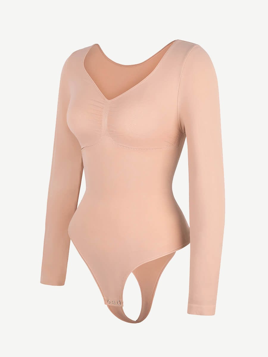Seamless Long Sleeve Chest Support Tummy Control Thong Bodysuit