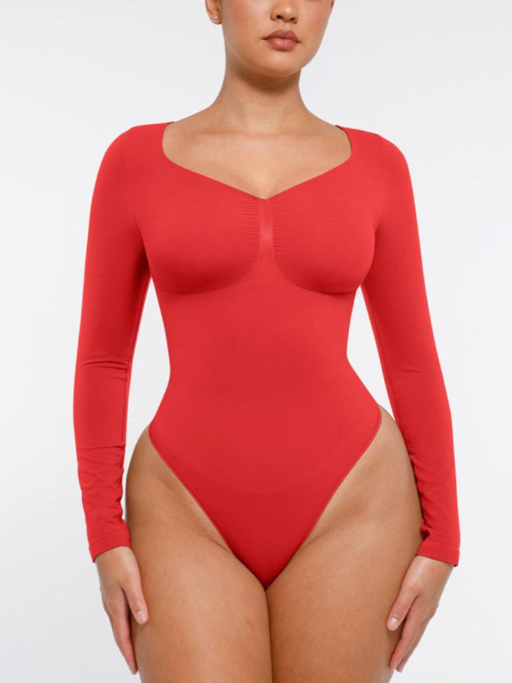 Seamless Long Sleeve Chest Support Tummy Control Thong Bodysuit