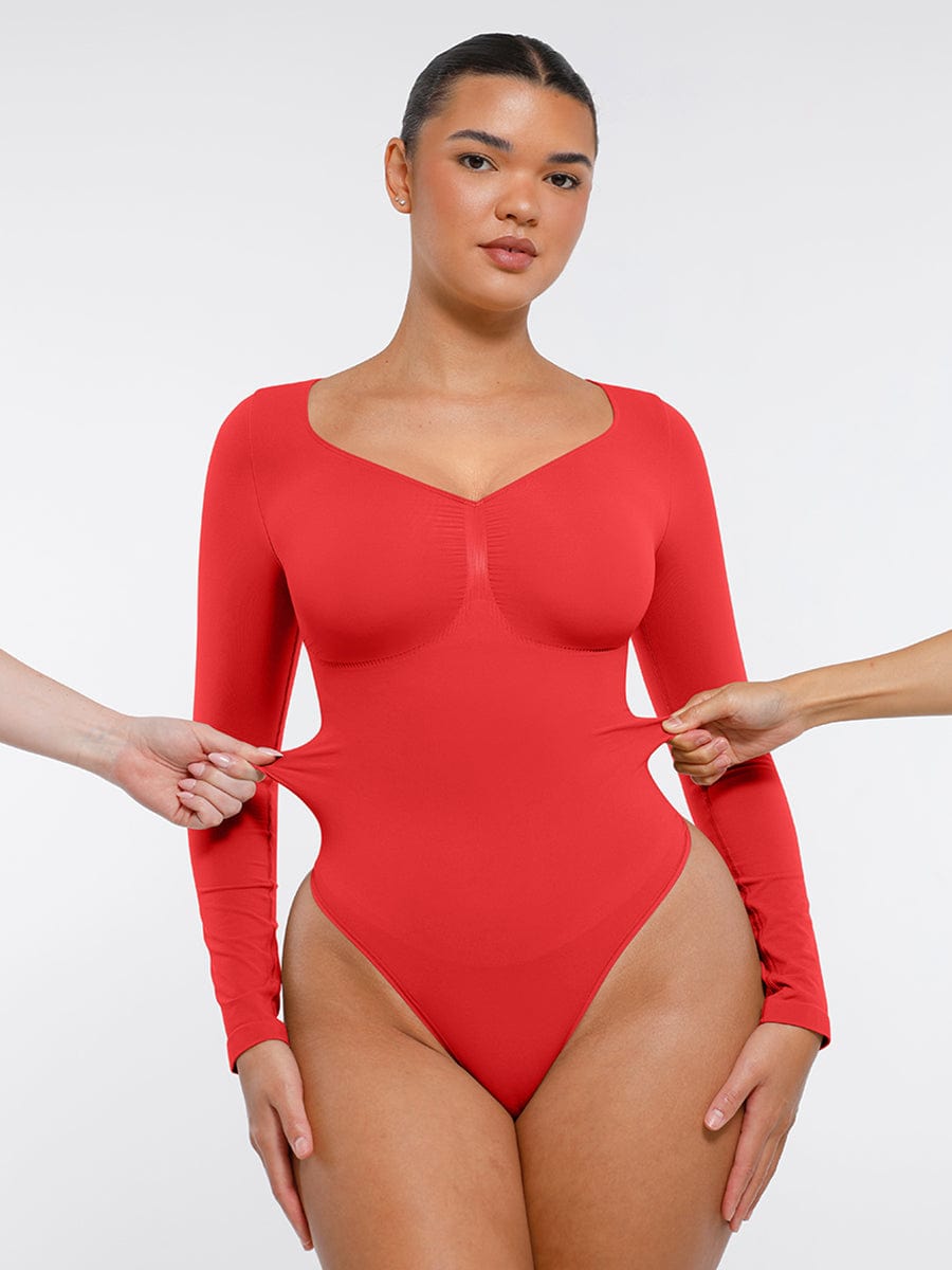 Seamless Long Sleeve Chest Support Tummy Control Thong Bodysuit