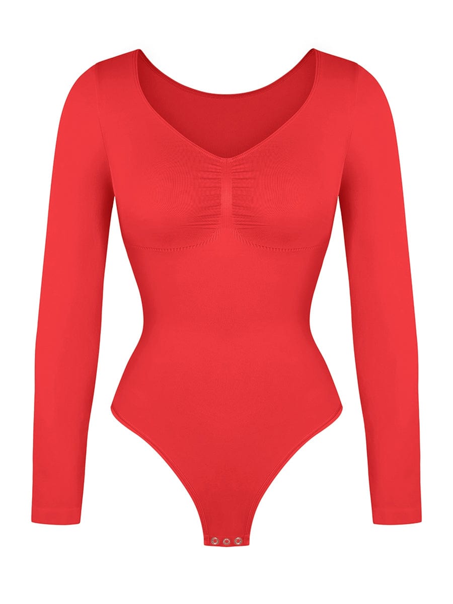 Seamless Long Sleeve Chest Support Tummy Control Thong Bodysuit