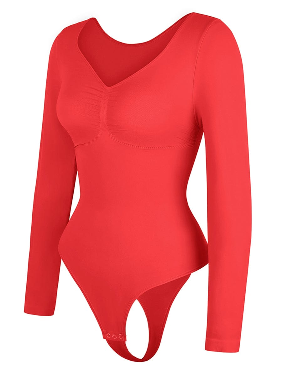 Seamless Long Sleeve Chest Support Tummy Control Thong Bodysuit