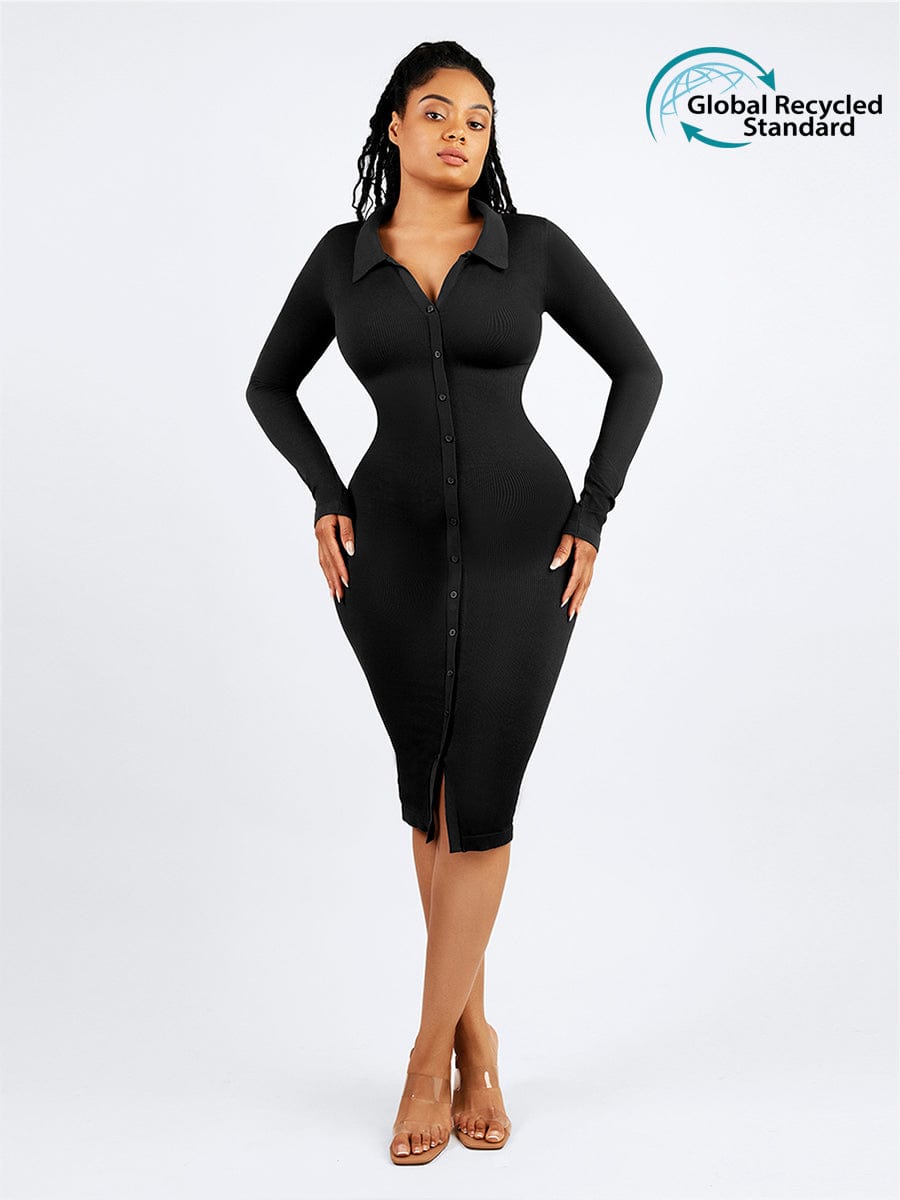 🌿 Eco-friendly Seamless Waist Trimming Retro Long Sleeve Shirt Dress
