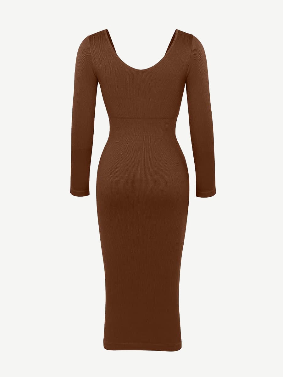 🌿 Eco-friendly Seamless V Neck Long Sleeve Waist Trimming Shaper Dress