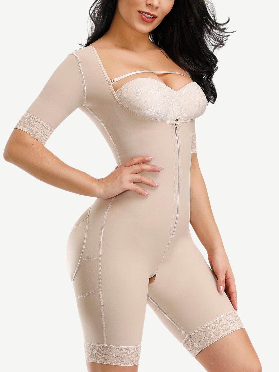 Natural Color Lace Full Body Shaper Zipper Open Crotch Slim