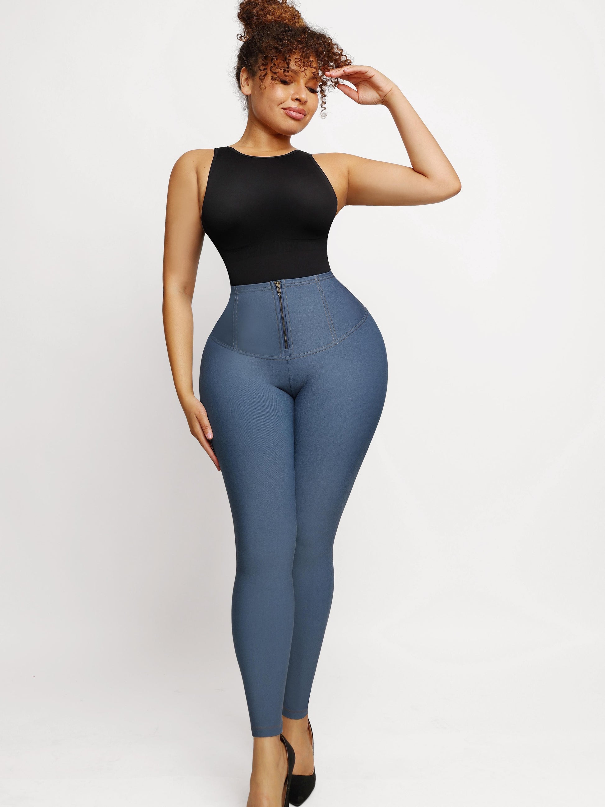 Mid-rise Faux Denim Trousers Corset Waist