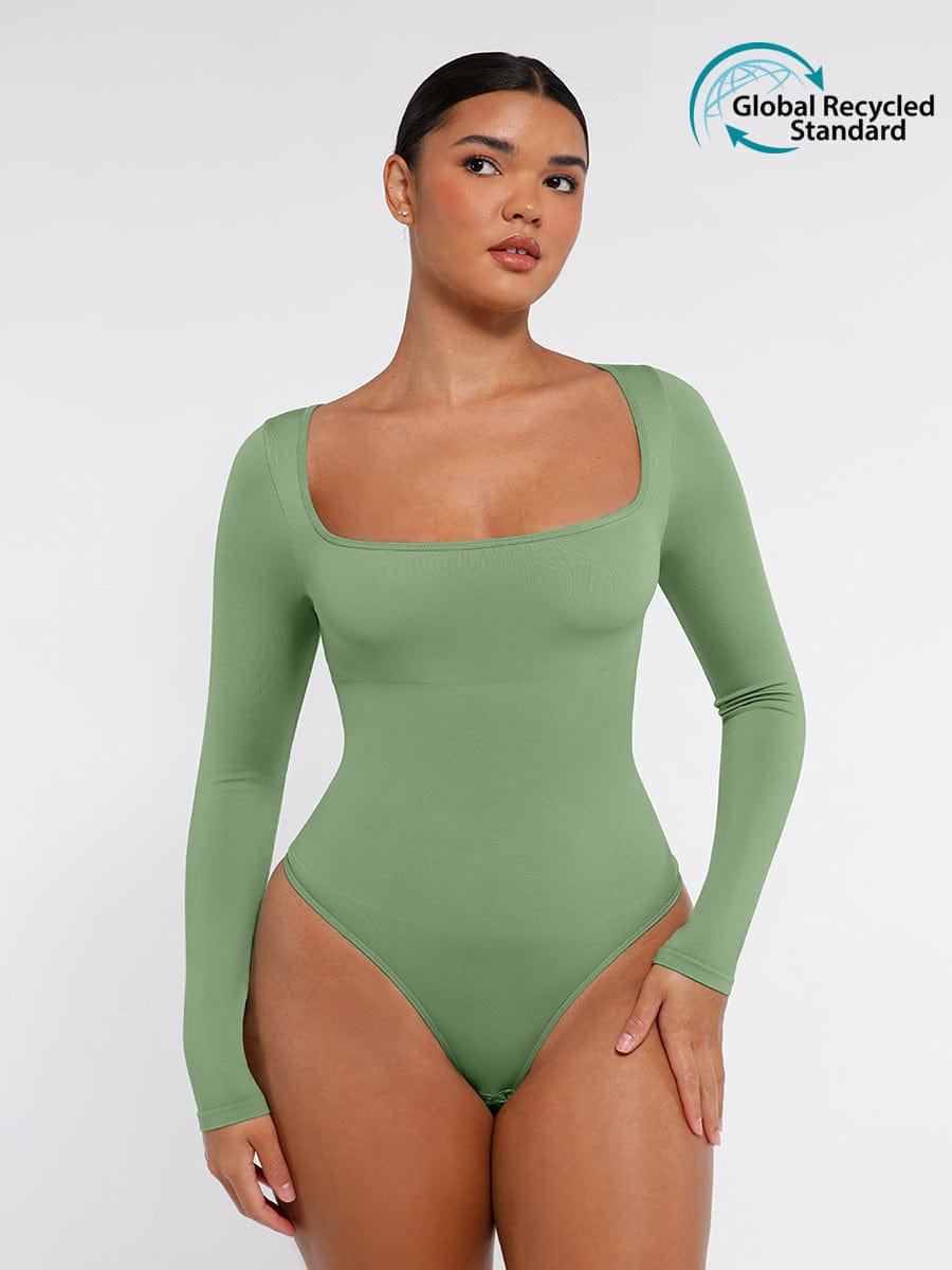 🌿Seamless Eco-friendly Square Neck Long Sleeve 360° Waist Control Thong Bodysuit