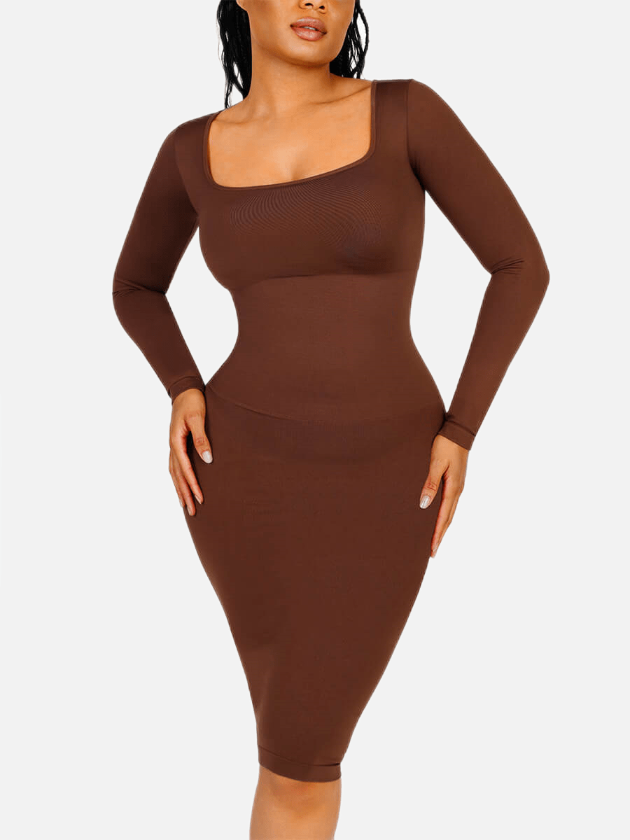 🌿 Eco-friendly Seamless Square Neck Long Sleeve Shaper Dress