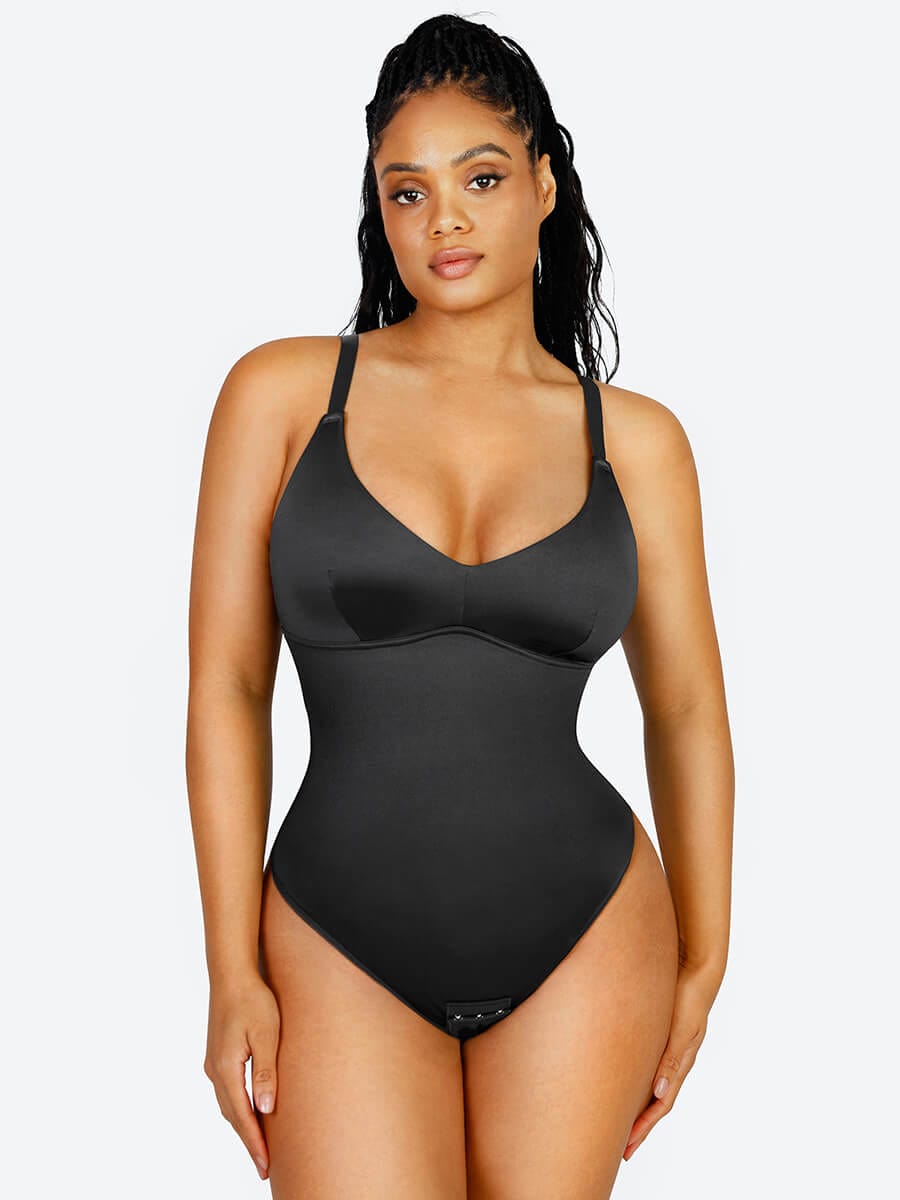 Shaping Satin Built-in Elastic Mesh Fabric Thong Bodysuit