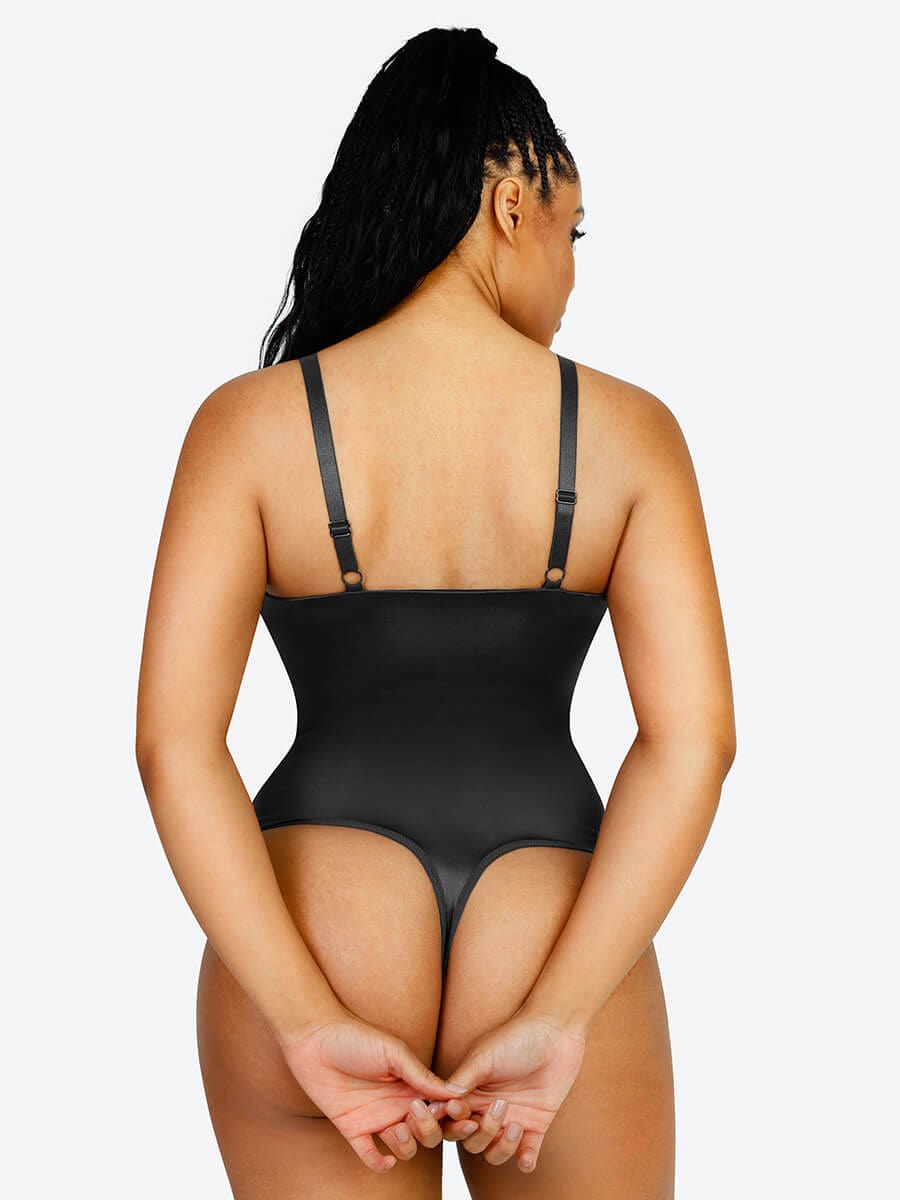 Shaping Satin Built-in Elastic Mesh Fabric Thong Bodysuit