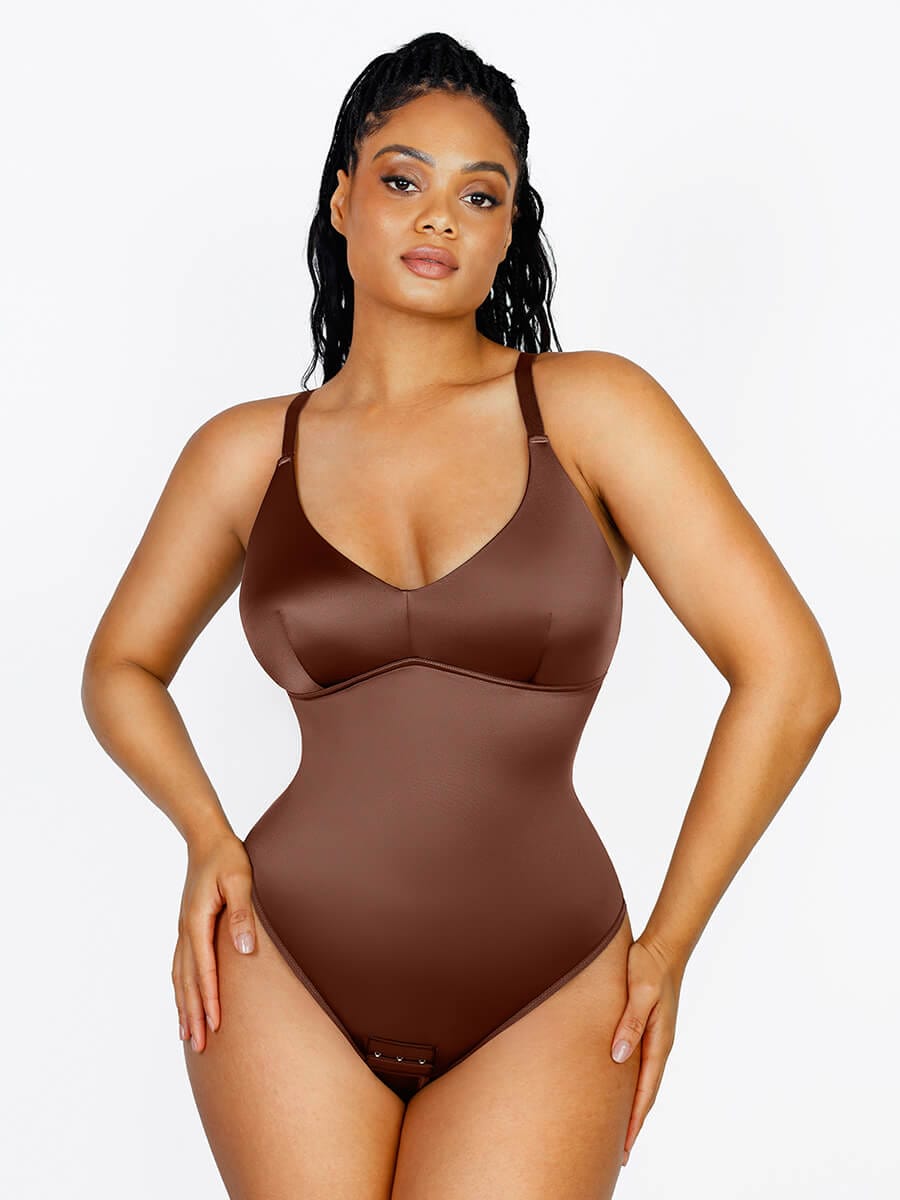 Shaping Satin Built-in Elastic Mesh Fabric Thong Bodysuit
