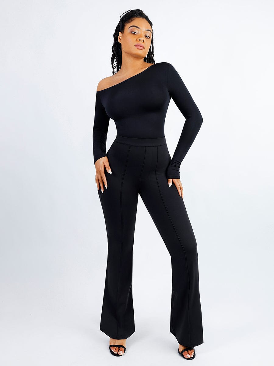 Seamless Diagonal Neck Long Sleeve Waist Trimming Thong Bodysuit