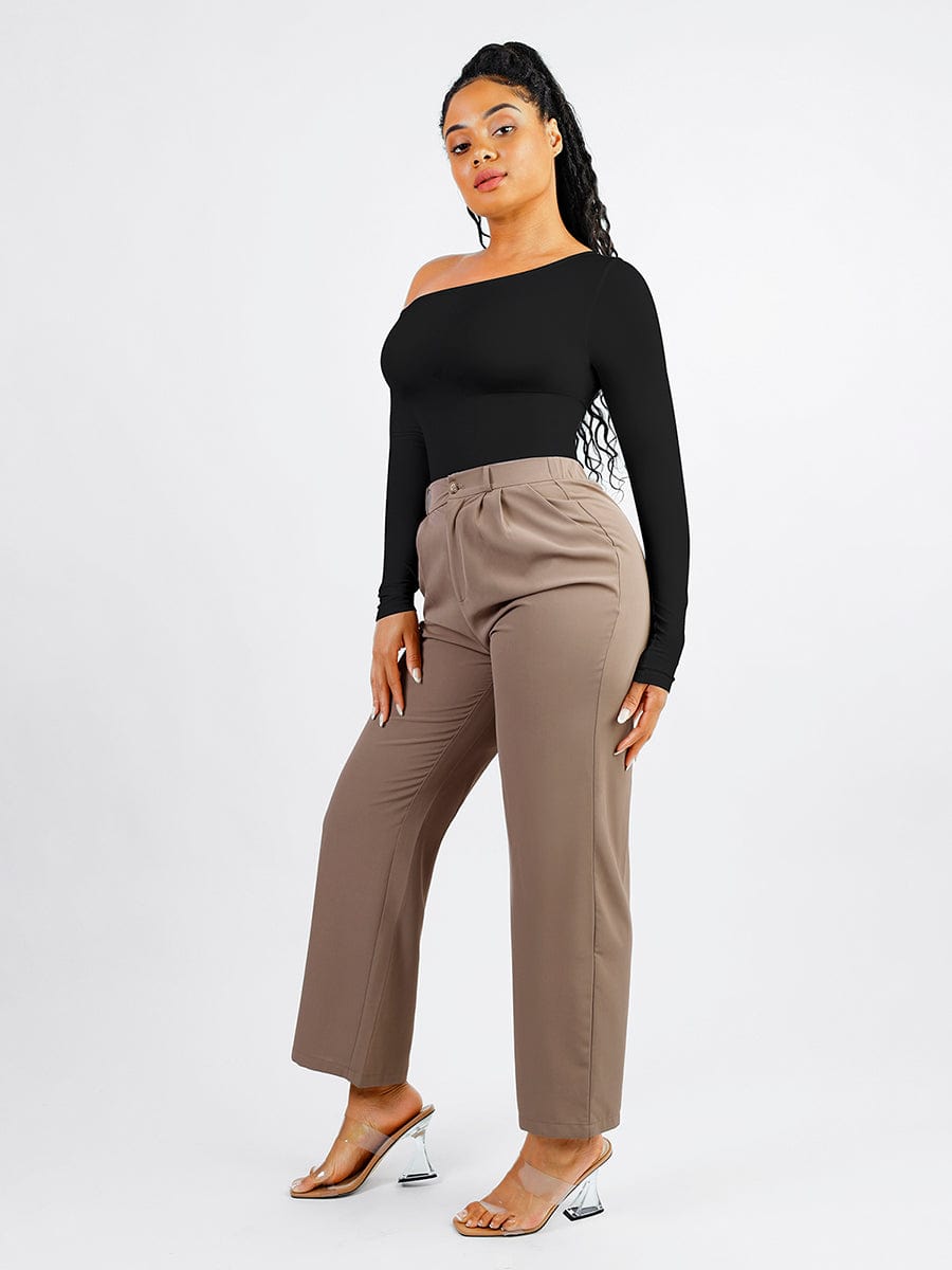 Seamless Diagonal Neck Long Sleeve Waist Trimming Thong Bodysuit