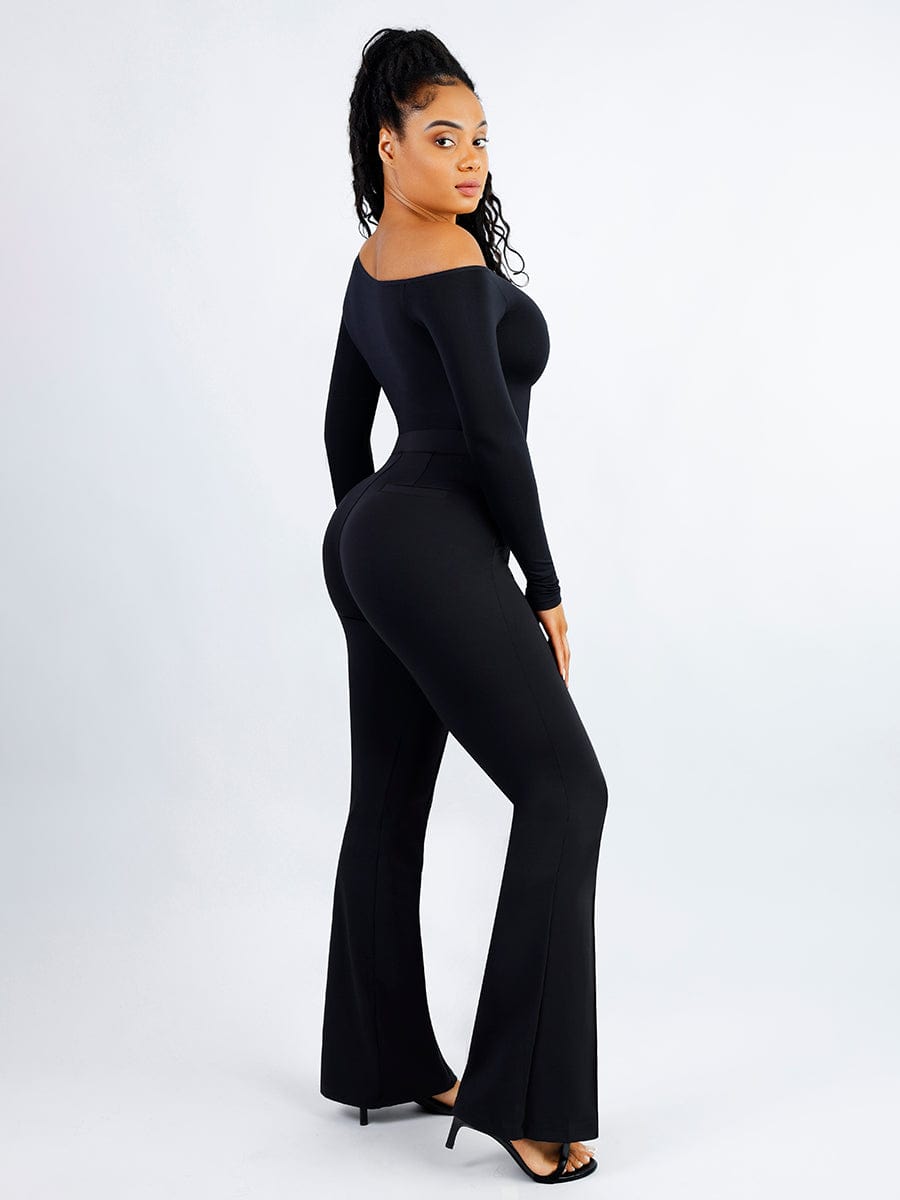 Seamless Diagonal Neck Long Sleeve Waist Trimming Thong Bodysuit