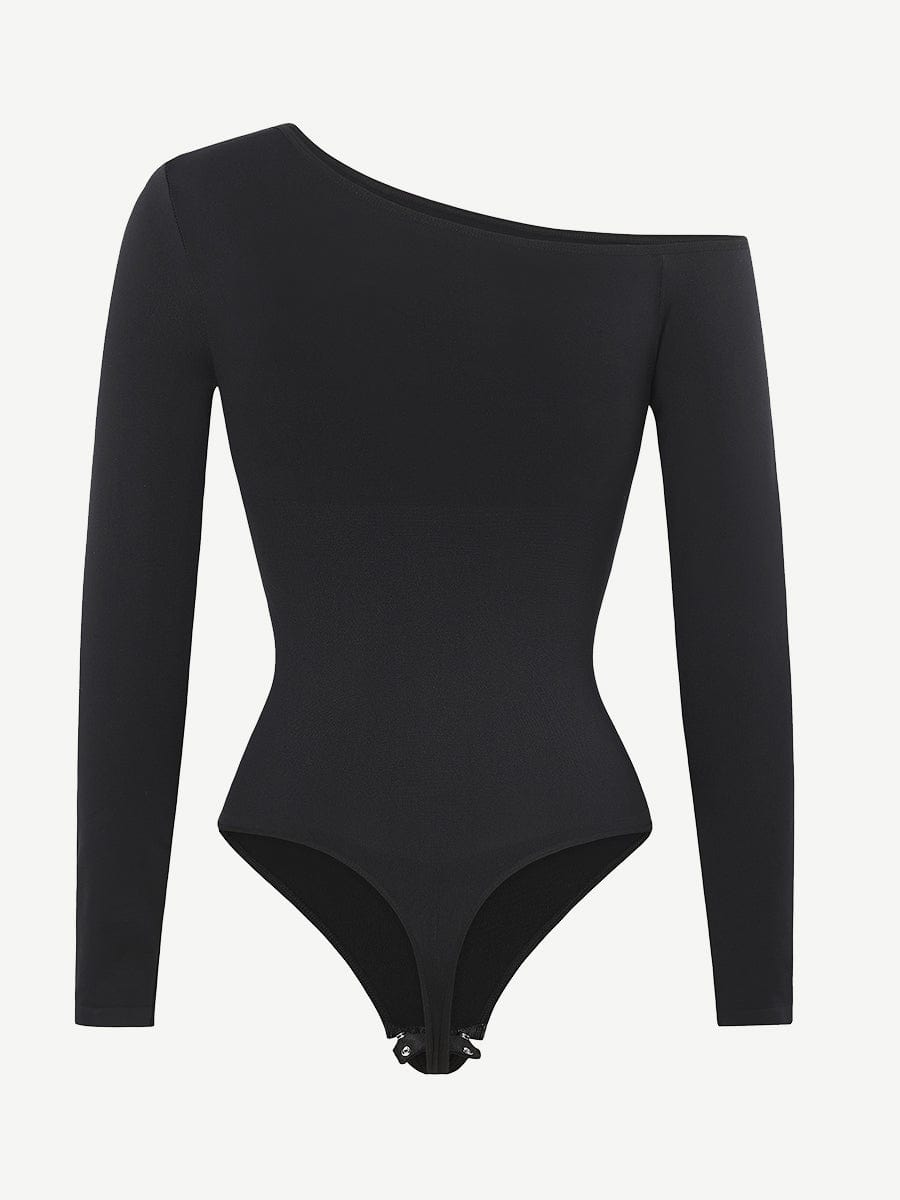 Seamless Diagonal Neck Long Sleeve Waist Trimming Thong Bodysuit