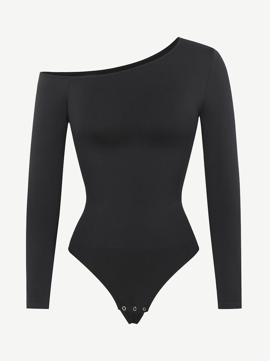 Seamless Diagonal Neck Long Sleeve Waist Trimming Thong Bodysuit