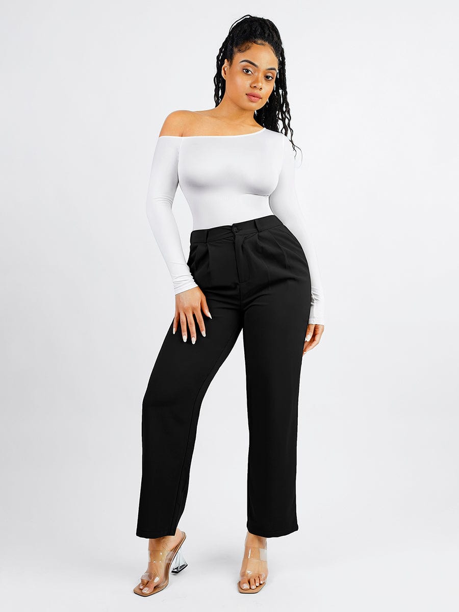 Seamless Diagonal Neck Long Sleeve Waist Trimming Thong Bodysuit