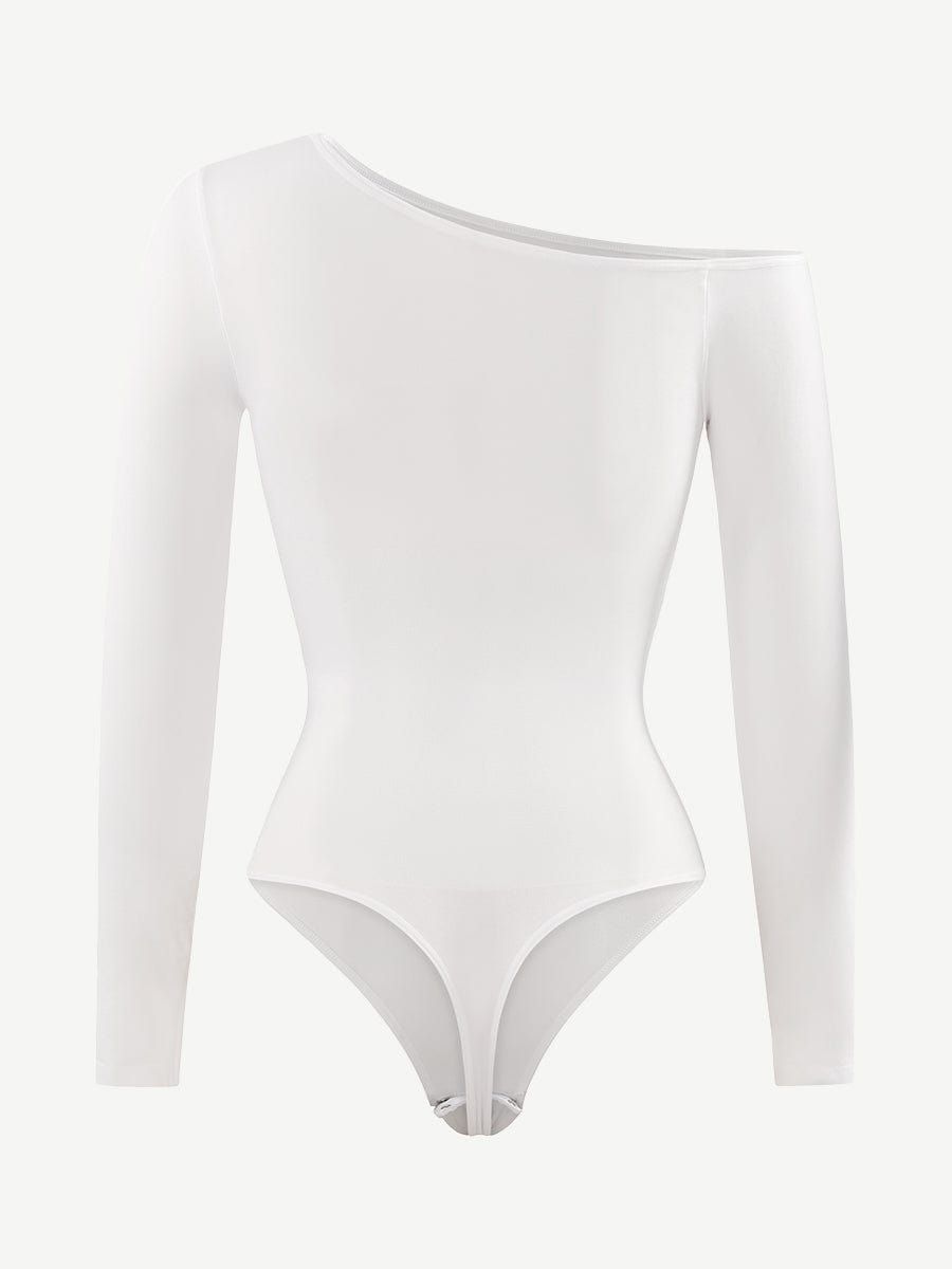 Seamless Diagonal Neck Long Sleeve Waist Trimming Thong Bodysuit