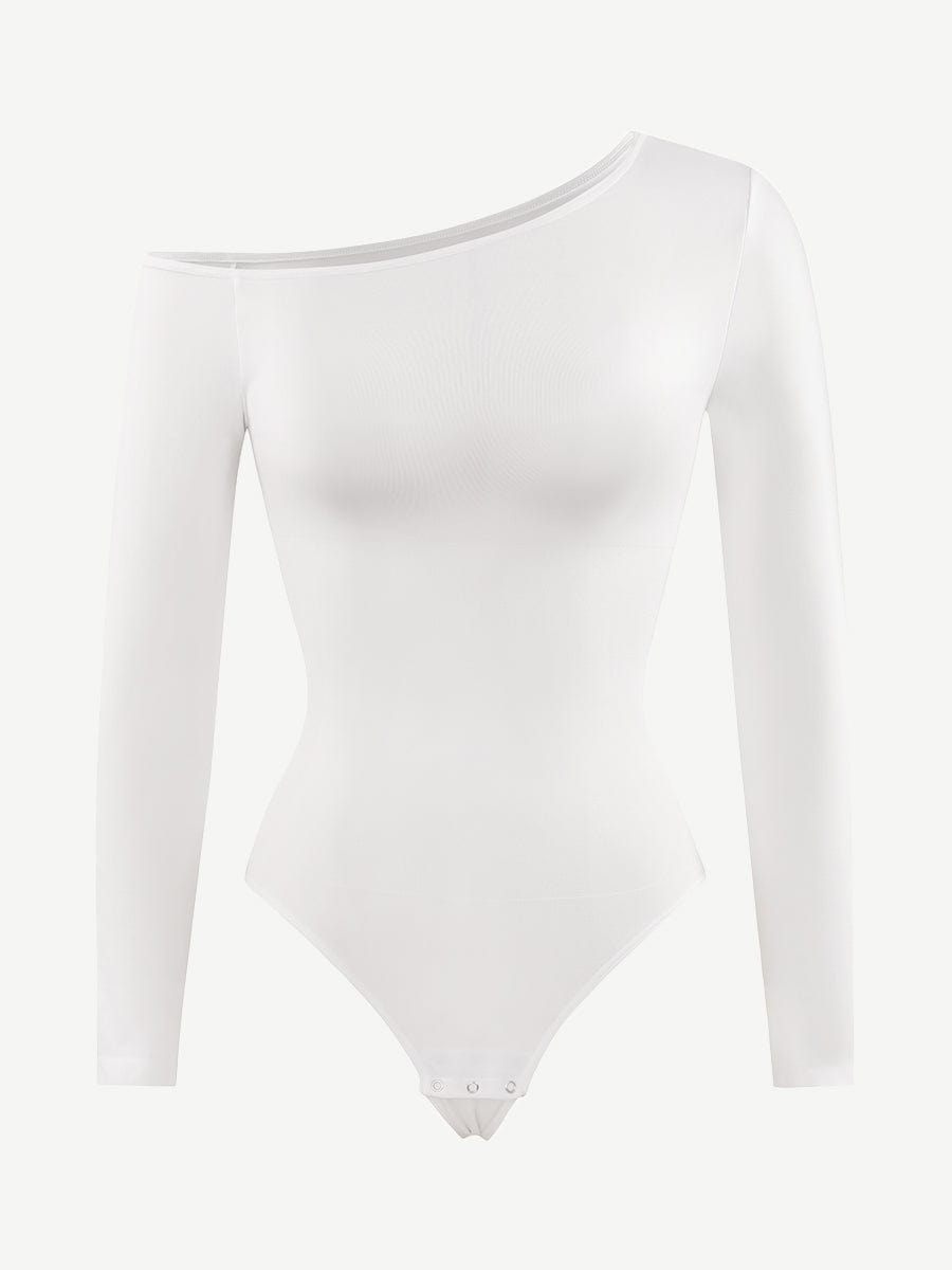 Seamless Diagonal Neck Long Sleeve Waist Trimming Thong Bodysuit