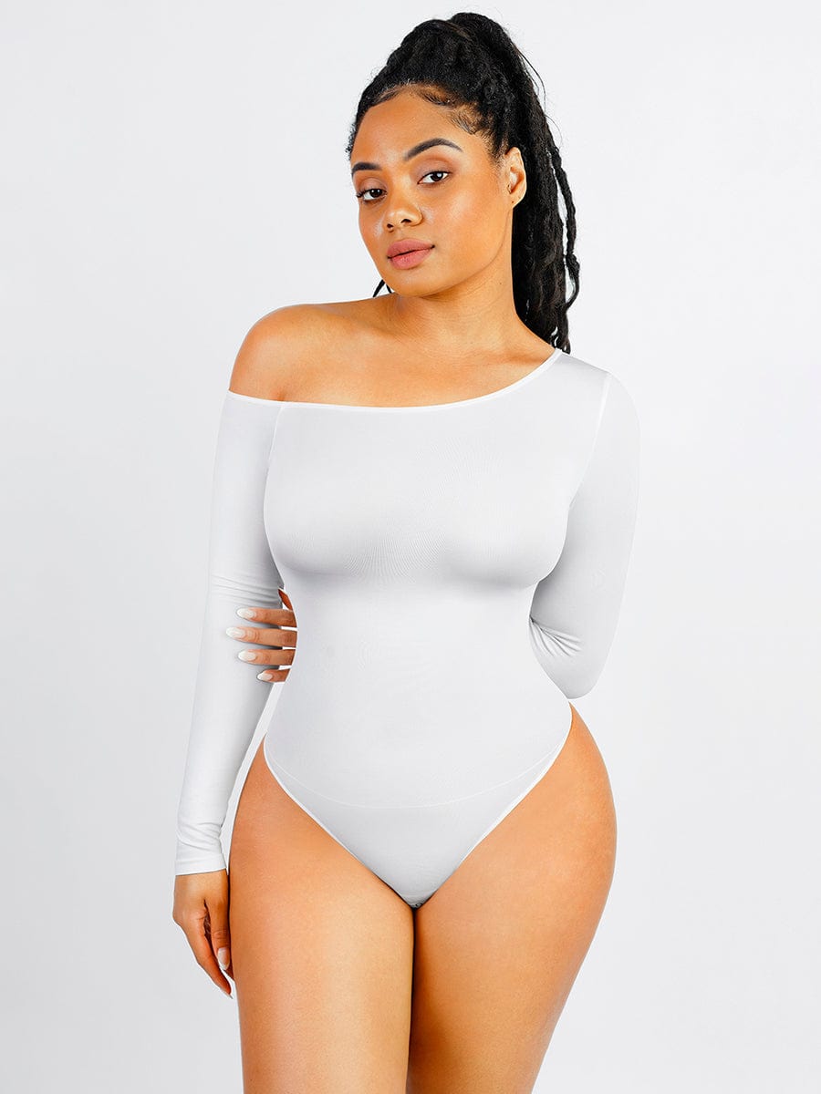 Seamless Diagonal Neck Long Sleeve Waist Trimming Thong Bodysuit