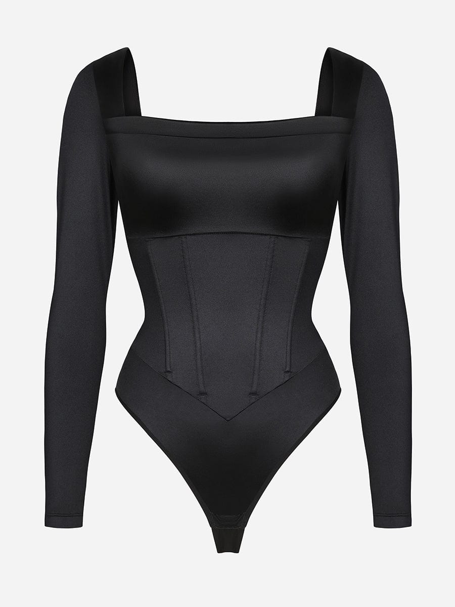 Retro Square Neck Built in corset Tummy Control Bodysuit With removable coasters