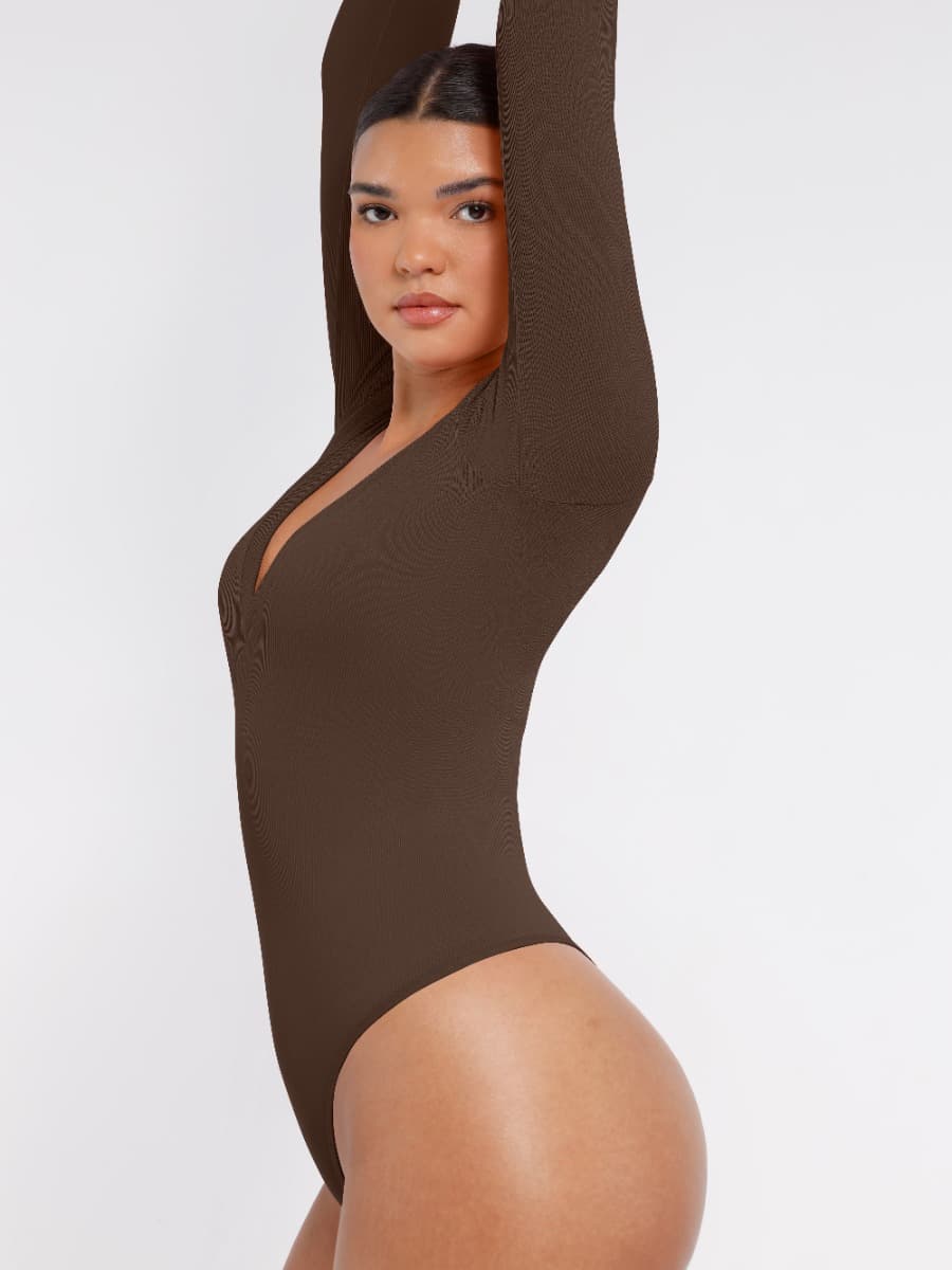 Long Sleeved V-neck Waist Shaping Tummy Control Seamless Bodysuit
