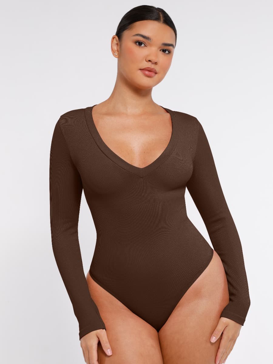 Long Sleeved V-neck Waist Shaping Tummy Control Seamless Bodysuit