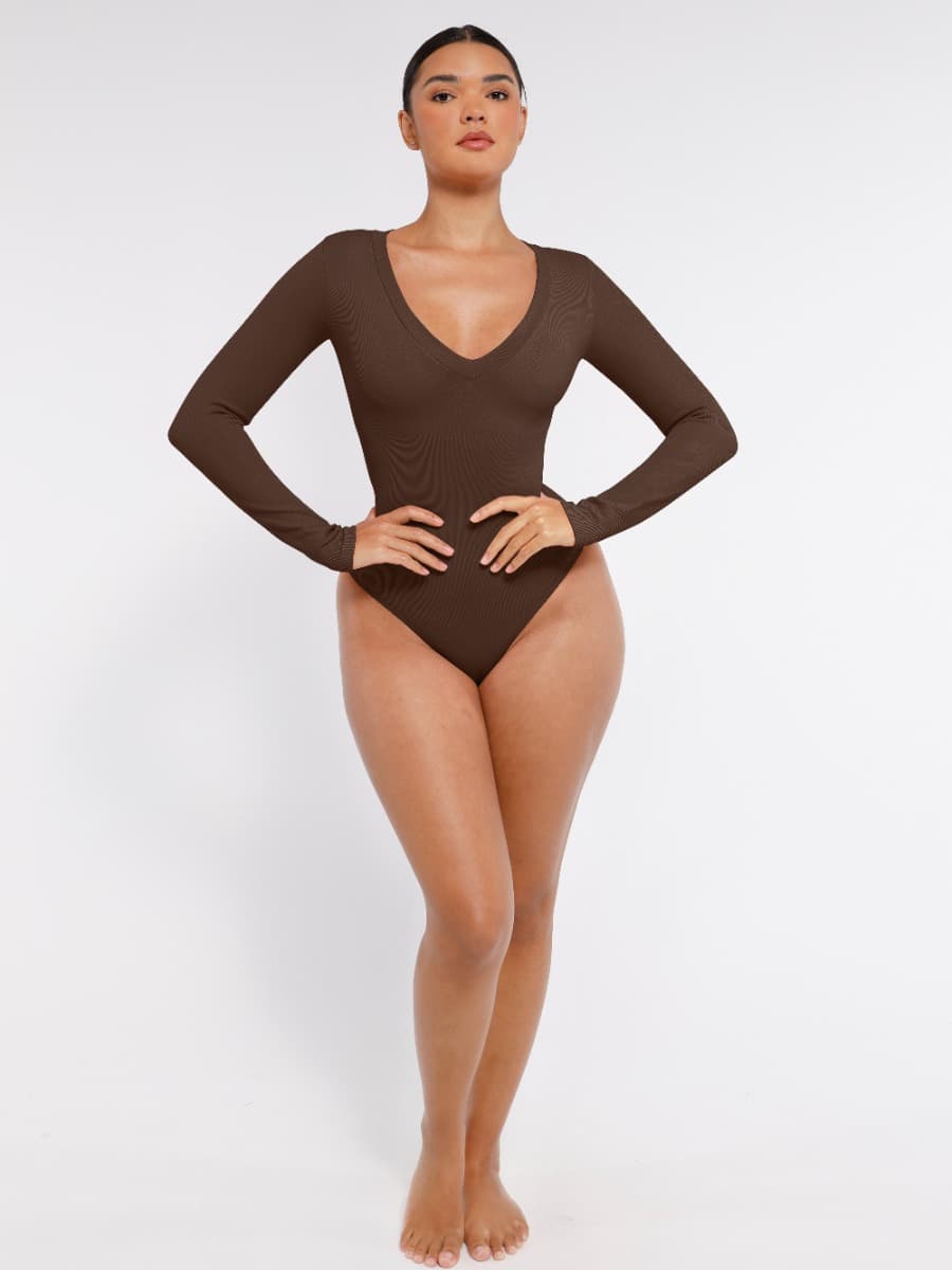 Long Sleeved V-neck Waist Shaping Tummy Control Seamless Bodysuit